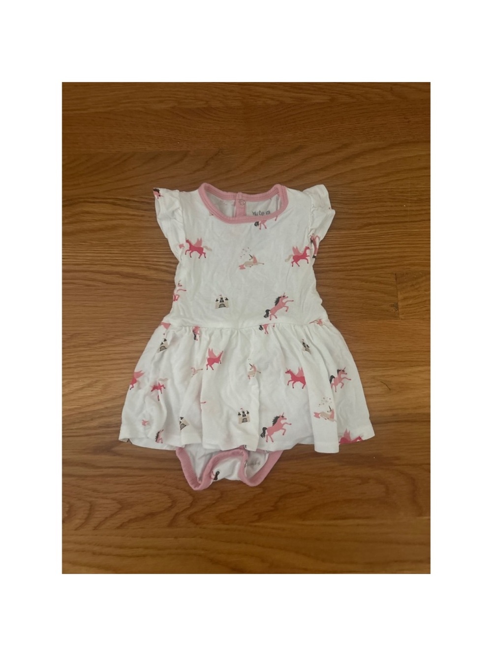 Kyte Baby 6-12M Pink Unicorn Pegasus Bamboo Flutter Sleeve‎ Bodysuit Dress White